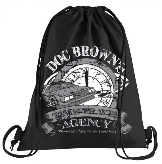 Doc Browns Time Travel Sportbeutel  bedruckter Turnbeutel mit Kordeln Zukunft Flux Delorean DMC 